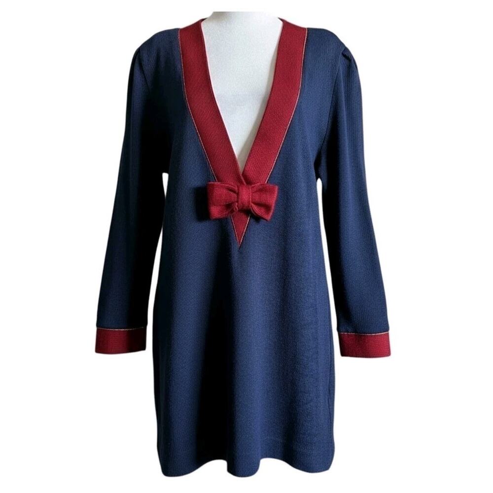 Vintage Jeffrey Dara Sweater Dress Knit Bow V Neck Navy Burgundy Womens M